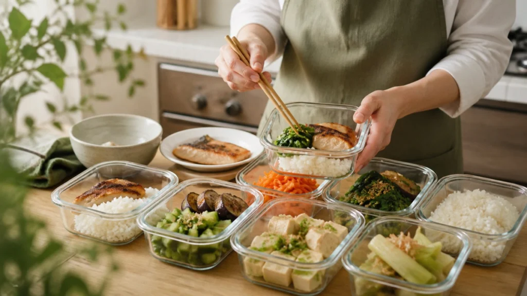 低FODMAP食の作り置きを保存容器へ分ける様子