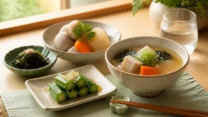 オクラや里芋や海藻を使った温かな食事